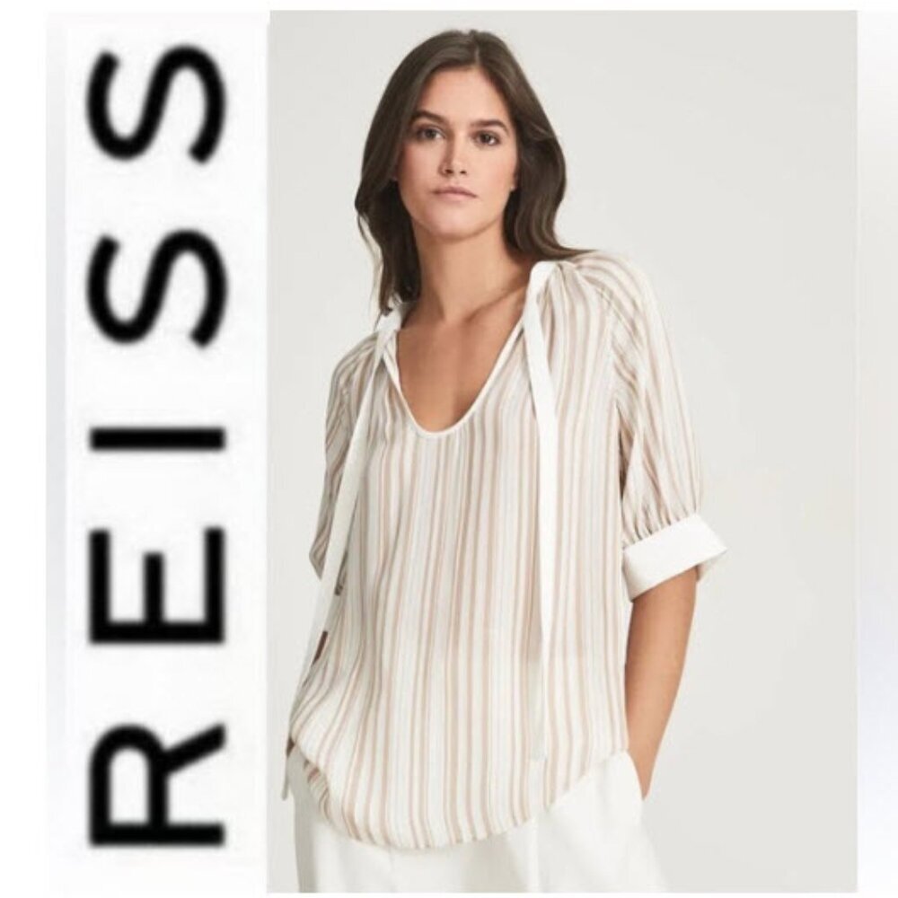 Reiss Sydney Striped Puff Sleeve Blouse 8 White Nude Chic Preppy Quiet Luxury